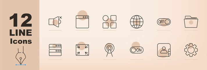 Web interface set icon. Mute, browser, grid, globe, toggle, folder, minimize, maximize, antenna, switch, profile, settings, online tools, internet features, digital interface