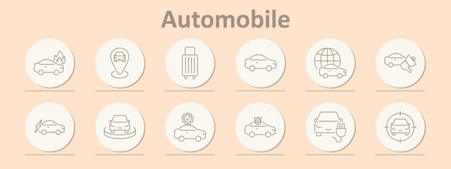 Automobile icons set. Fire, map, luggage, globe, announcement, electric, bumper, certificate, shield, charging, target. Line icons on beige background