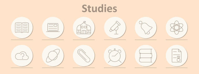 Studies icons set. Book, ID card, school, telescope, bell, atom, cloud, planet, paper clip, alarm clock, books, certificate. Line icons on beige background.