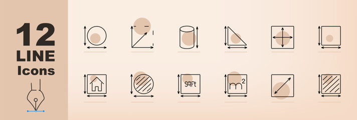 Measurement and geometry set icon. Circle, triangle, cylinder, square, house, sqft, meter, area, perimeter, dimensions, geometric shapes, mathematical figures, spatial measurements
