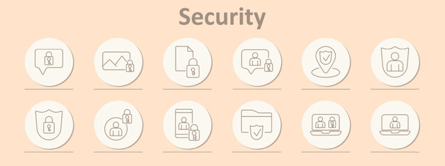 Security icons set. Lock, image protection, document, user, shield, map, file, laptop, secure data. Line icons on beige background