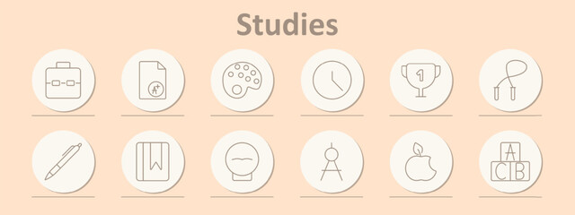 Studies icons set. Briefcase, certificate, paint palette, clock, trophy, jump rope, pen, bookmark, apple, abacus, school supplies. Line icons on beige background