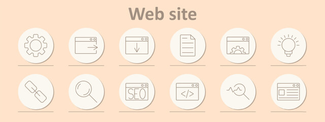 Website set icon. Gear, navigation, download, document, settings, idea, link, search, SEO, coding, analytics, web page.