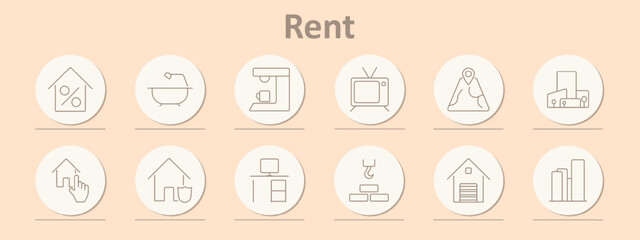 Rent set icon. Discount, bathtub, coffee machine, TV, location, buildings, selection, security, desk, construction, house, skyscraper.