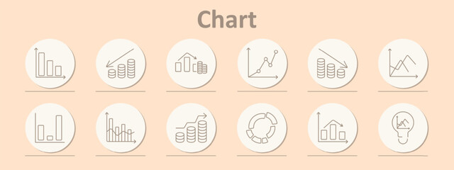 Fototapeta premium Chart set icon. Bar graph, coins, growth, declining graph, line, donut chart, pie chart, bar, analytics, data, idea.