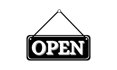 Open sign board hanging on the white wall. Can be used open Sign Door Plate. Concept business banner. Open sign icon. Vector illustration, flat design.