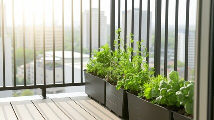 Urban balcony with herb garden featuring a variety of potted plants. The fresh greenery and cityscape view create a harmonious living environment.