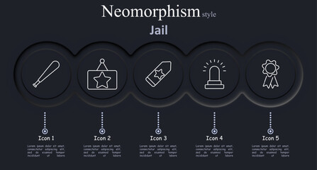 Jail set icon. Bat, sign, tag, alarm, award, prison, justice, security, punishment, inmate, law, correctional, vector, illustration, police, crime, neomorphism, icons.