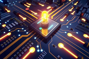 AI Circuit Board with Glowing Light Bulb Representing Innovation and Advanced Technology in High Tech Environment