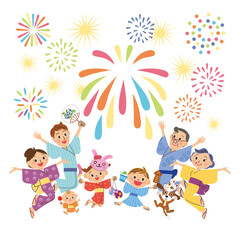 花火を見上げて楽しんでいる三世代家族