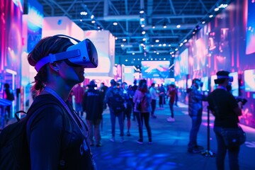 A man stands amidst a bustling room of people, wearing a virtual reality headset, A virtual reality simulation of a bustling trade show floor