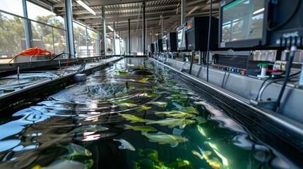 Fototapeta premium Precision Aquaculture Advanced Feed Dispensing Technology with RealTime Monitoring for Optimal Growth and Efficiency