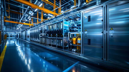 Obraz premium A sleek, state-of-the-art industrial facility featuring advanced machinery and equipment, illuminated by bright overhead lighting.