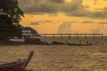 Thai Asian bald eagle soars against the sky, Patong Beach, Phuket, clear blue.