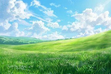 Fototapeta premium A lush grassy field under a clear blue sky, A vision of tranquility with verdant green grass bathed in the warmth of a sunny blue sky
