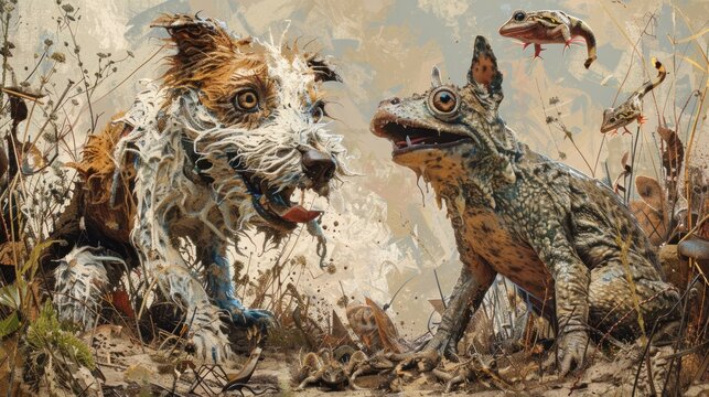 A Curious Encounter: A Dog and Frog in a Surreal Landscape