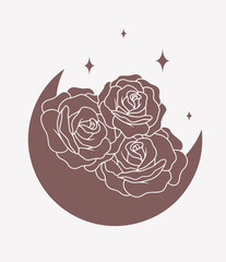 Moon with roses, line minimalistic vector boho art