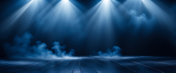 Obraz premium The dark scene has a smoky dark blue background. Empty dark room with spotlights for displaying product design 