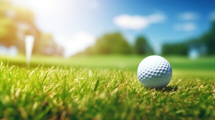 Obraz premium Golf club making contact with a ball on a bright sunny day, 