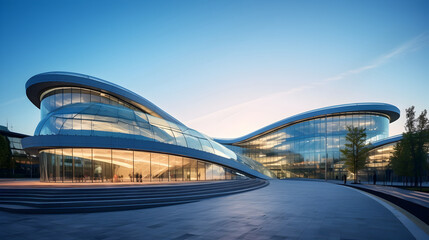 Fototapeta premium Futuristic Glass Curved Campus Building - Interconnected Educational Spaces
