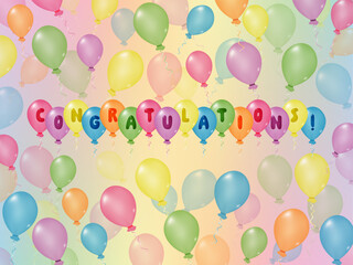 Bundle of colored balloons with text "Congratulations!". Celebration background with flying сolorful helium balloons and ribbons on multi-colored background. Concept of party, happy birthday holiday.