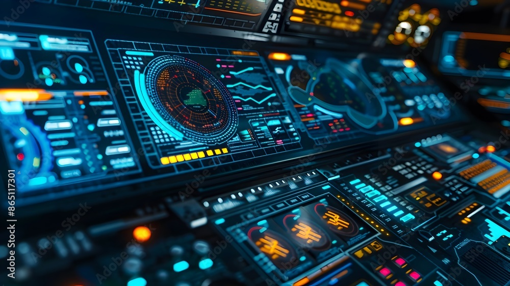 Poster futuristic high tech decoding control interface with screens and buttons