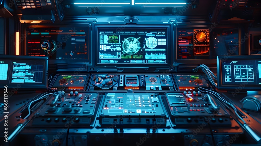 Poster Futuristic High Tech Decoding Device with Advanced Control Panels and Screens