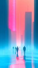 Futuristic Metropolis Illuminated by Ethereal Luminescence and Robotic Pedestrians