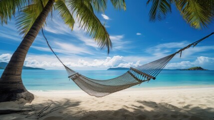 Hammock tied between palm trees on a tranquil sandy tropical beach