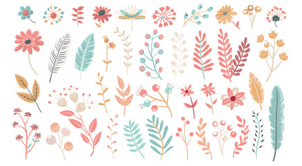 Set of isolated floral illustration with flowers, branches, berries, feathers, leaves and cute elements in simple plain graphic style on transparent background. Pastel pink and blue color tone.