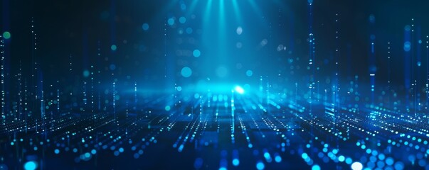 Futuristic digital landscape with glowing lines and dots on a blue background