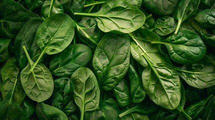 Fototapeta premium A close-up image of fresh spinach leaves. The vibrant green color highlights their freshness and nutritional value, perfect for healthy meals.