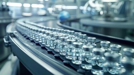 pharmaceutical plant with modern medical tube production line, glass vials on a conveyor belt, efficient drug manufacturing