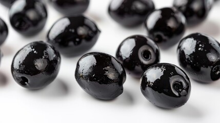 Black pitted olives displayed on a white background