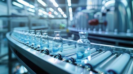 pharmaceutical plant with modern medical tube production line, glass vials on a conveyor belt, efficient drug manufacturing