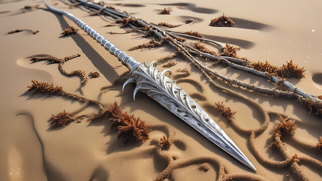 8k, picture of a narrow and delicate toothed spear with sharp barbs made of lunar-silver, highly ornamented, at the bottom there is an eyelet to which a twenty meter long tow line made of braided seaw