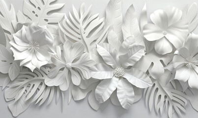 3D wallpaper with white paper cut out plants and leaves, white background
