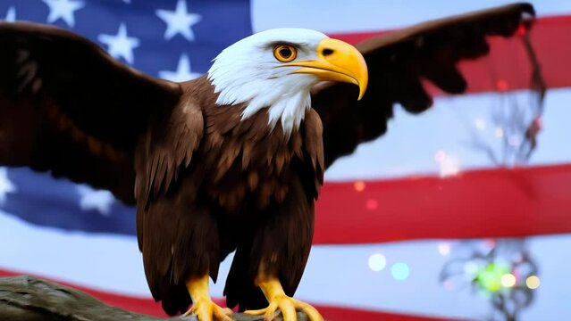 Bald Eagle against animated background of American flag waving in the wind Animation with fireworks bokeh lights, close up view