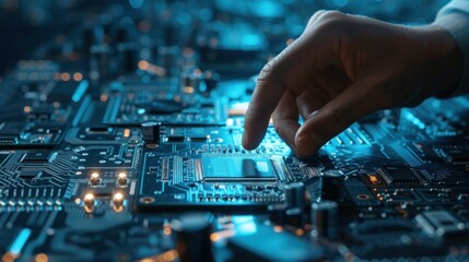 High-tech engineer designing an electronic circuit board, future technology Industry 4.0