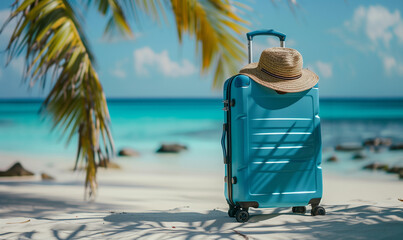 Tropical Escape with Blue Luggage and Hat
