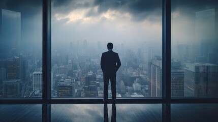 Fototapeta premium businessman is looking out the window at a cityscape , fog. 