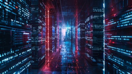 Fototapeta premium Futuristic digital data corridor with neon lights, representing advanced technology, big data, and AI in a high-tech environment.