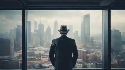 Fototapeta premium businessman is looking out the window at a cityscape , fog. 