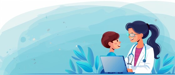 Illustration of a doctor consulting with a young patient, discussing health checkup results together in a friendly and professional manner.