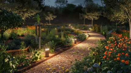 Obraz premium Glowing Path of Sustainable Energy Illuminating Community Gardens with Kinetic Power