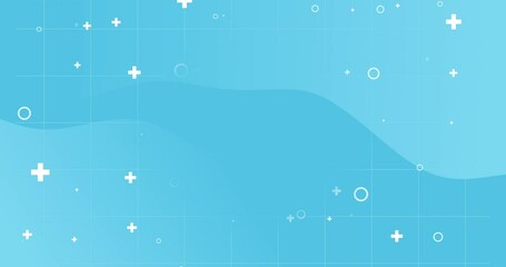 4k bright light blue animated fluid medical dental background. Geometric shapes crosses dots liquid morphic. Minimal kids style. Square line notebook pattern. Back to school. Seamless loop banner