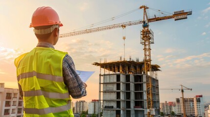 Construction chief engineer wearing hard hat and safety vest at major construction site with crane included in large building plan background check plan