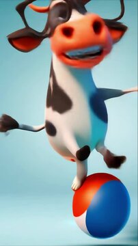 Cartoon cow wearing glasses is dancing on a ball. The cow has a big smile on its face, and the image has a playful and lighthearted mood