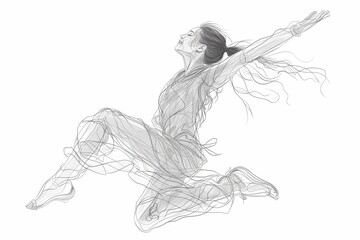 Black and white sketch of a young female dancer leaping.