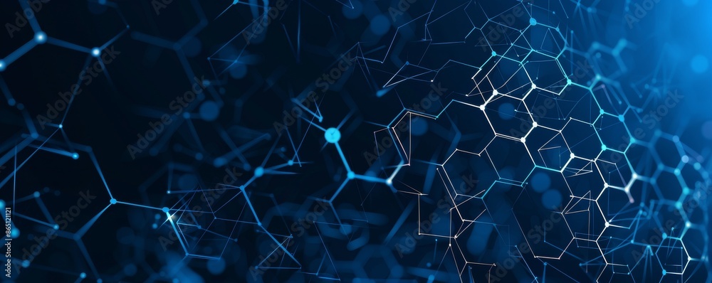 Poster abstract hexagonal network structure with glowing nodes in a dark blue background